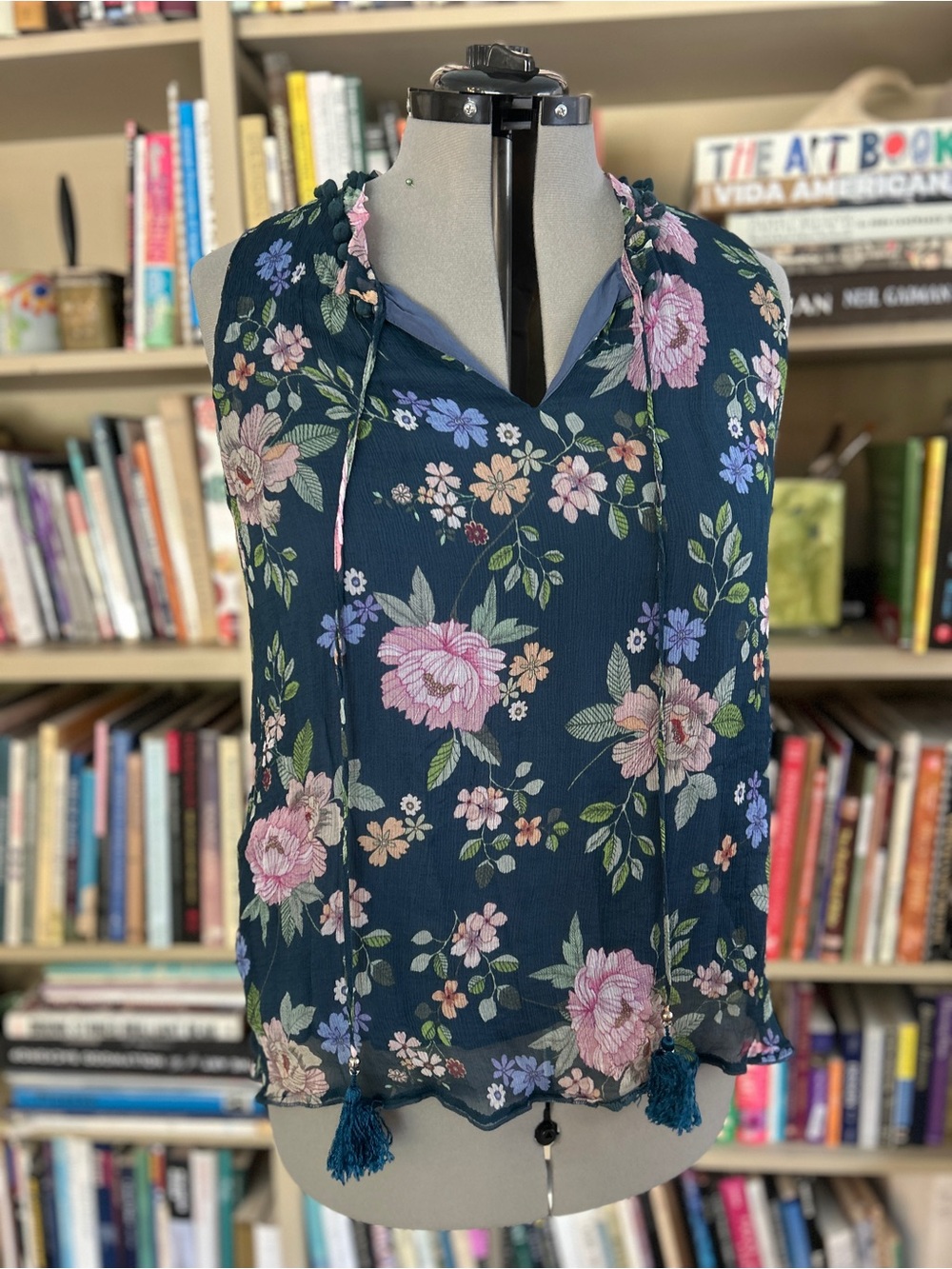 Jade by Johnny Was Navy Silk Floral Blouse with Pom-Pom Tassels | Size XL